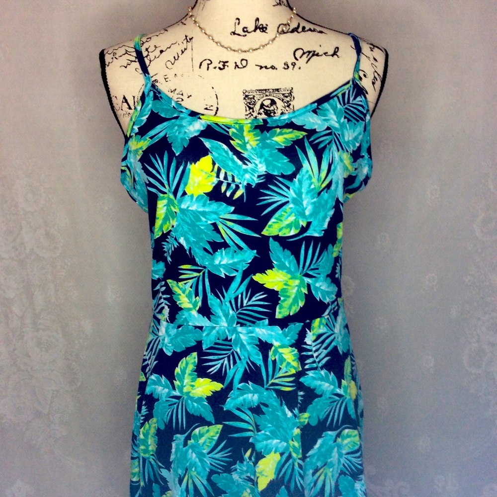 Kira Navy Green Tropical Foliage Sundress M